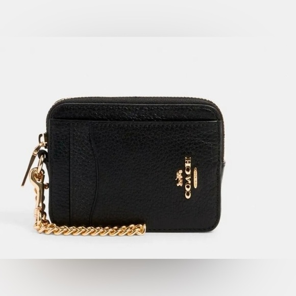 COACH 6303 Zip Card Case ID Wallet Refined Pebble Leather Gold/Black - Picture 1 of 6